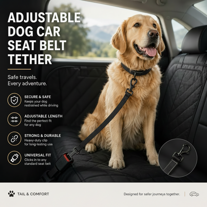 Adjustable dog car seat belt tether in use during car travel