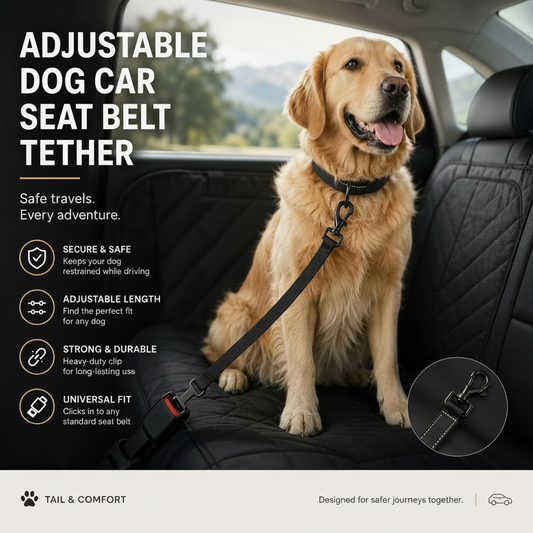 Adjustable dog car seat belt tether in use during car travel