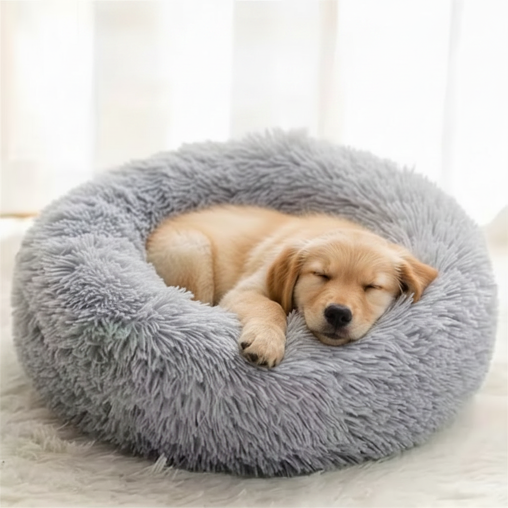 Grey calming donut pet bed with cat