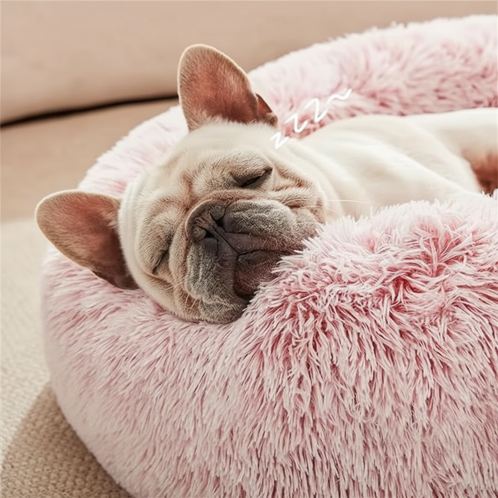 Pink calming donut pet bed with sleeping dog