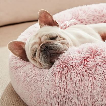 Pink calming donut pet bed with sleeping dog