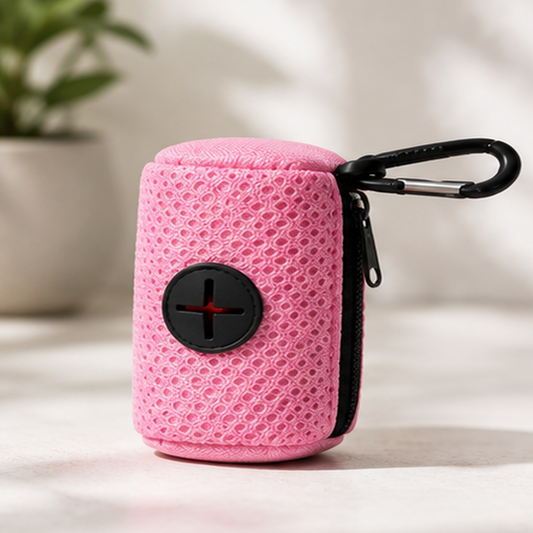 Pink clip-on dog waste bag dispenser premium product view