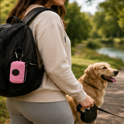 Dog waste bag dispenser clipped to a backpack during a dog walk