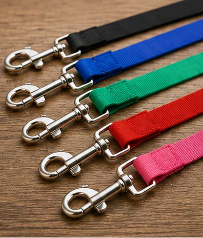 Close-up of long dog training leads and durable metal clips in several colours