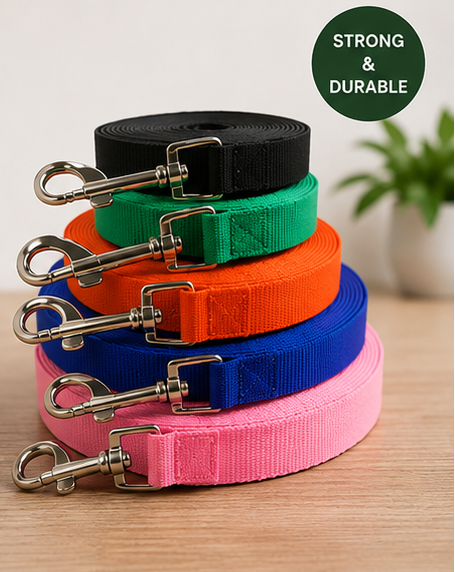 Strong durable long dog training leads displayed in multiple colours