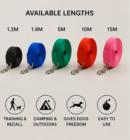 Long dog training lead length guide for recall training camping and outdoor use