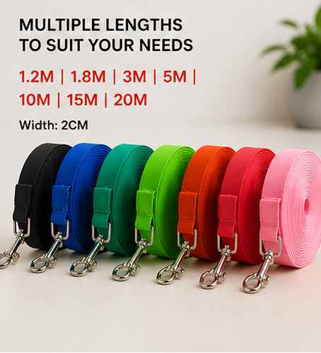 Long dog training leads showing multiple lengths and colours