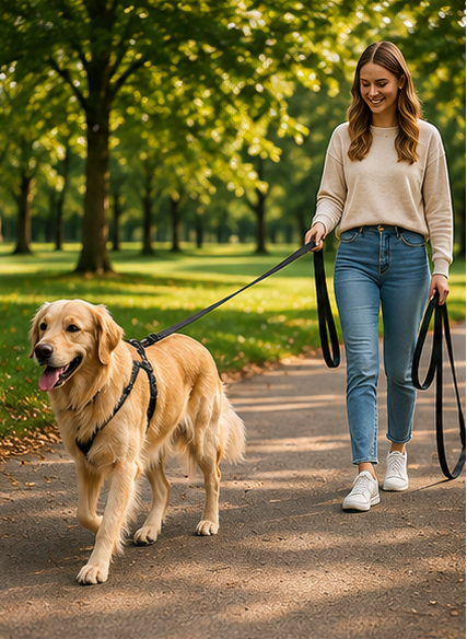 Long dog training lead being used by a dog owner during an outdoor walk