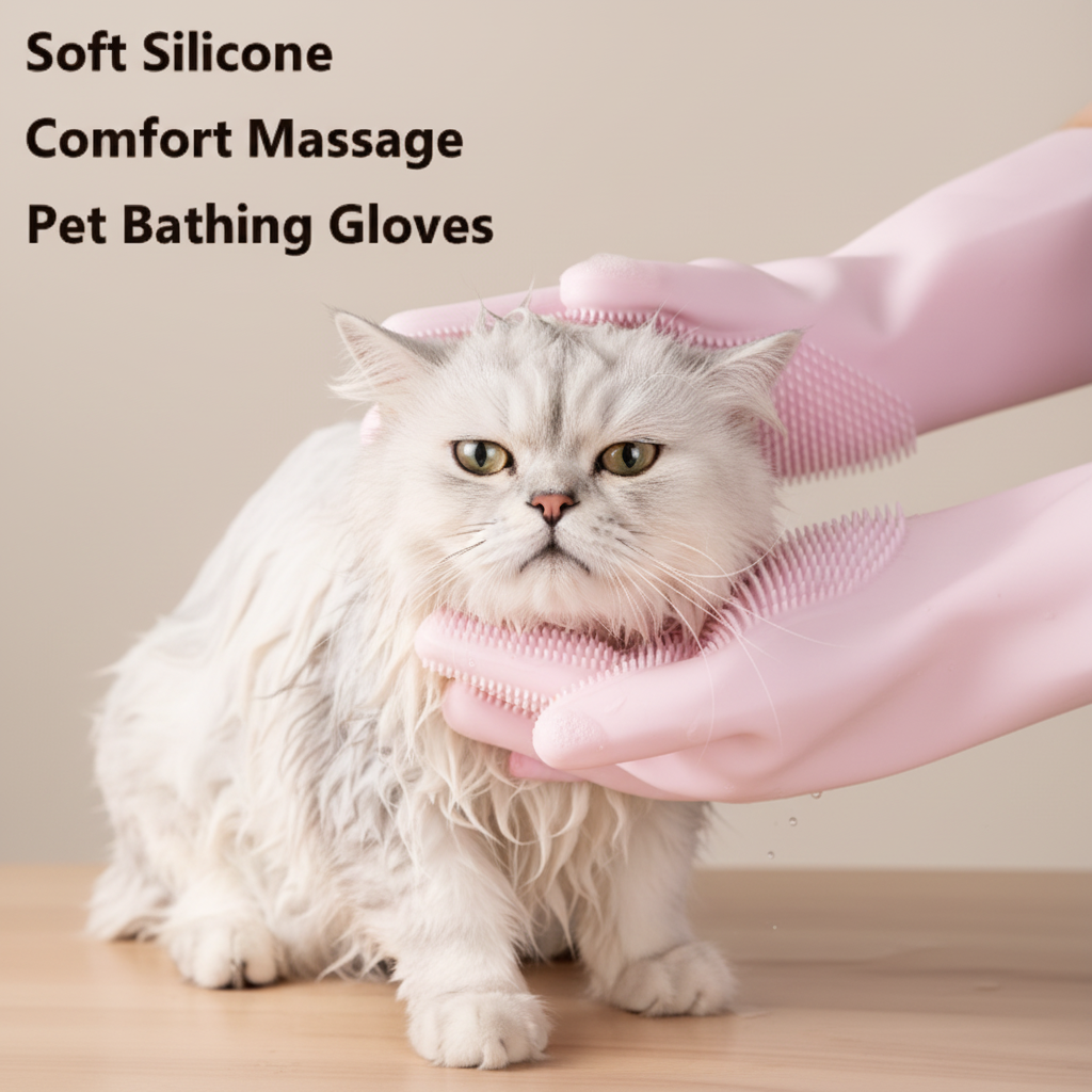 Pink silicone grooming gloves massaging a cat