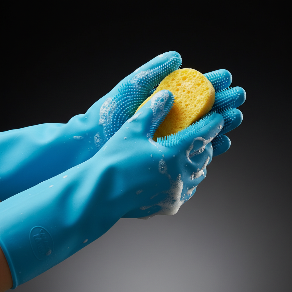 Blue silicone grooming gloves cleaning a pet brush